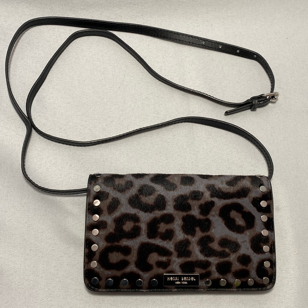 Henri Bendel New York cellphone and card holder in grey leopard print studded